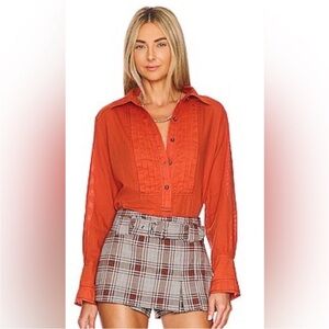 NWT Free People Black Tie Tux Shirt / Tiger Red